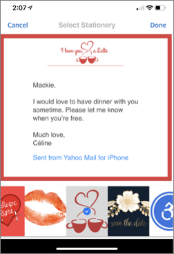 Immagine di un esempio di carta da lettere in Yahoo Mail per iOS.